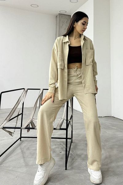 WOMAN VISION Linen Fabric Beige Shirt and Trousers - Bellows Pocket Detail, Oversize 12093