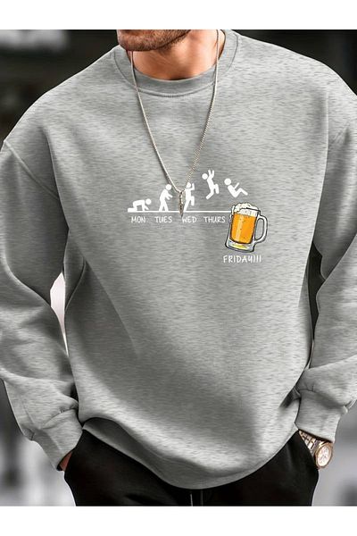 PALPİTO Ανδρικό φούτερ Oversize με στάμπα γκρι μπύρας - Crew Neck