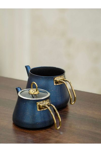 YUNUSOĞLU HOME Granite Plated Gold Handled Glass Lid Teapot Blue