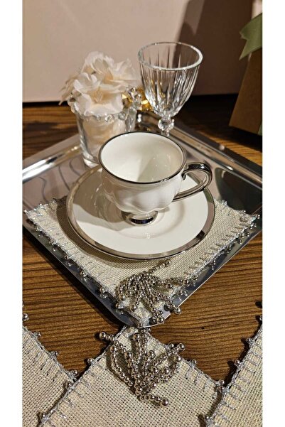 LİNDENİ HOME Set of 6 Silvery Linen Etuval Coffee Presentation Napkins - 15*15 cm