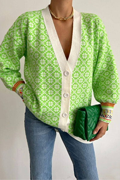 RURIS White Green Oversize Knitwear Cardigan - Geometric Motif and Sleeve Pat...