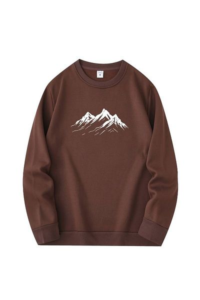 PALPİTO Καφέ φούτερ Oversize - Unisex, Crew Neck, Snowy Mountain Printed
