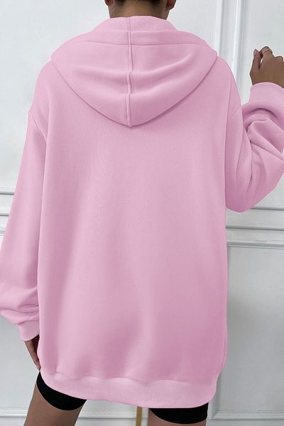 Millionaire Women's Light Pink Hooded Zippered 3 Three Thread Fleece Kangaroo Oversize Loose Sweatshirt Zip Up Hoodi