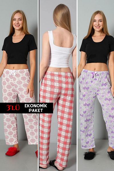 DONEX Cotton 3-Piece Women's Pajama Bottom - Thin Breath, Ribbon Waist and Printed