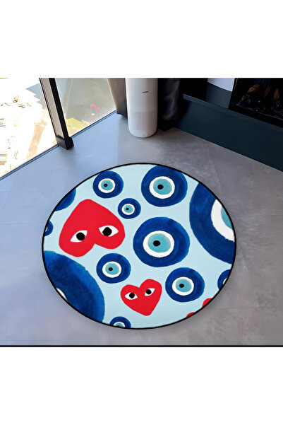 Rugs Modern Halı Mira Round Blue Evil Eye Bead and Red Heart Detailed Woven B...