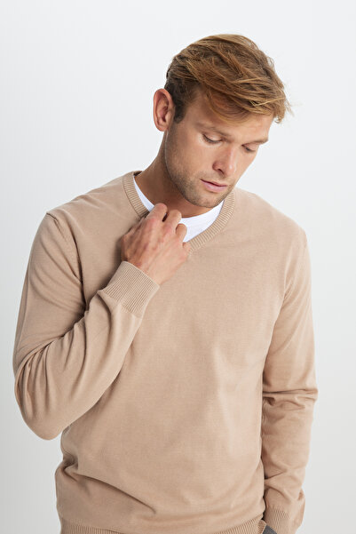 ALTINYILDIZ CLASSICS Pulover de tricotaj pentru bărbați bej - bumbac, decolteu în V, potrivire standard