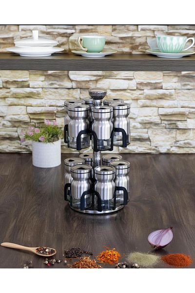 HomeTarz 12 Piece Spice Set with Rotating Stand - Protected Set 100 ml - Chrome-Glass