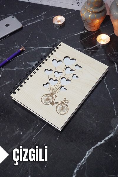 markcat Caiet cu copertă din lemn cu dungi cu baloane pentru biciclete - Agenda/Caiet școlar (A5 - 120 coli)