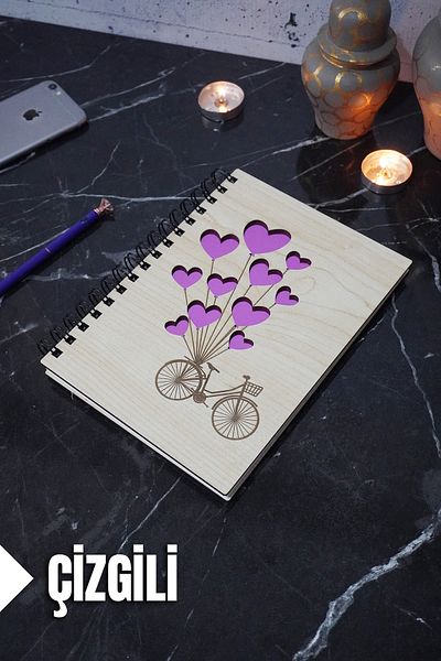 markcat Bicycle Balloon Themed Lined Wooden Cover Notebook - Agenda/school Notebook (A5 - 120 Pages)