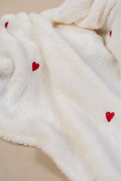 DensHaus Heart Patterned Embroidered Baby Blanket 90x110 Cream Wellsoft