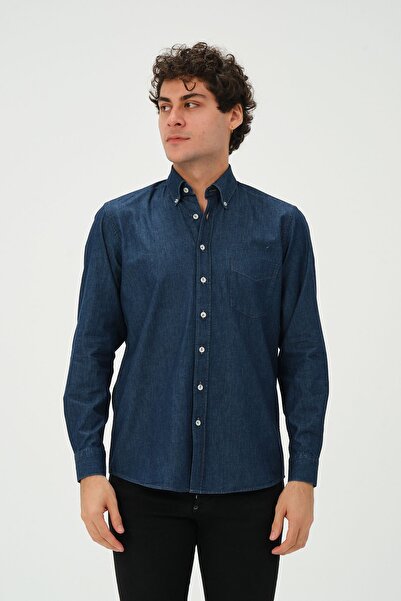 PSY Erkek Lacivert Denim Regular Fit Uzun Kol Gömlek