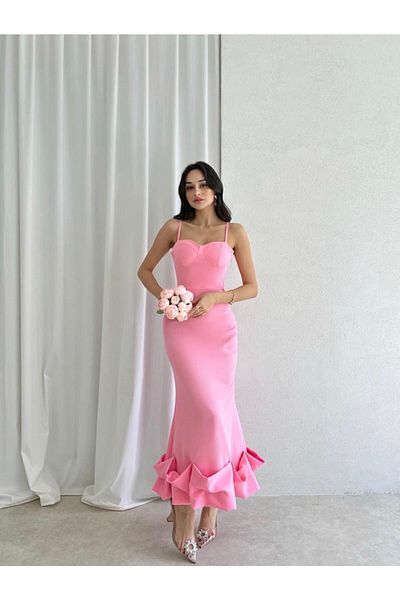 Afiş Butik Ροζ μίντι φόρεμα με ασύμμετρο καμπύλο στρίφωμα