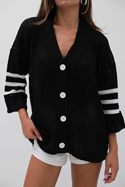 barış sülün lovebox V-neck Back Printed Black and White Women's Cardigan - Op...
