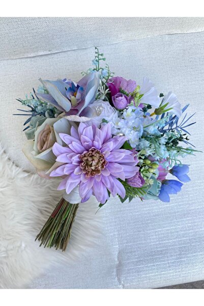 Buketlife Lila bebe mavisi orkide incili gelin çiçeği ve yaka çiçeği
