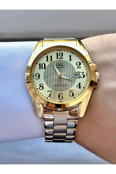 Q&Q Men's Gold Yellow Classic Detail Dial Calendar Display Analog Watch