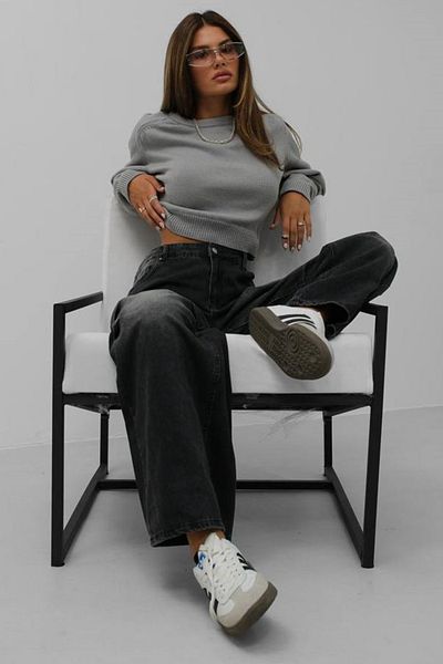 bayansepeti Pulover crop gri cu mânecă lungă - decolteu, mânecă raglan, 24W16025