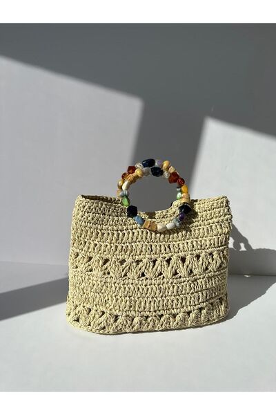 JINJI HANDMADE GOODS ÖRGÜ KAĞIT İP EL ÇANTASI TAŞLI SAPLI