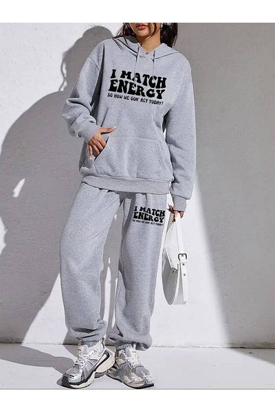 HIRSCH Γκρι Energy Printed Γυναικεία Φούτερ Oversize Σετ