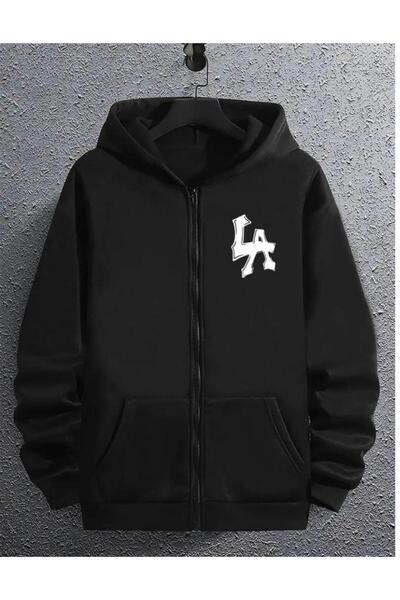 CAST COLLECTİON Men's Black Oversize La Written Zippered Jacket