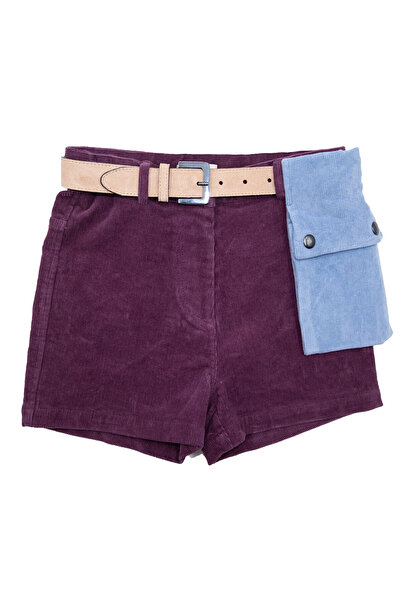 Ozmoz Fitillli Kadife Cep Detaylı Mor Kışlık Kız Çocuk Şort