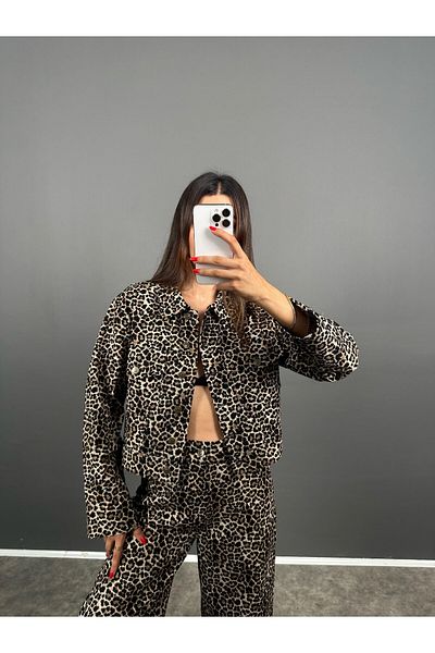 Piano Black Leopard Patterned Women's Jacket and Pants Set