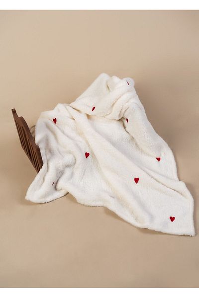 DensHaus Heart Patterned Embroidered Baby Blanket 90x110 Cream Wellsoft