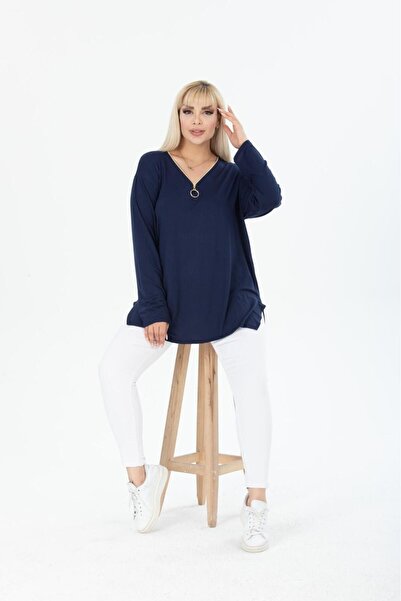 HÜLYA BUTİK NAVY BLUE COLLAR ZIPPERED LONG SLEEVE BLOUSE
