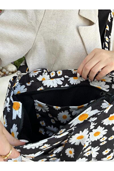 bee store Papatyalı Körüklü, Fermuarlı, Kumaş, Kadın Omuz Ve Kol Çantası