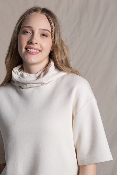 Re-clo Megan, Antibacterial Mask Detailed, Hooded, Organic Fabric, Stone Color, Short Sleeve Sweatshirt