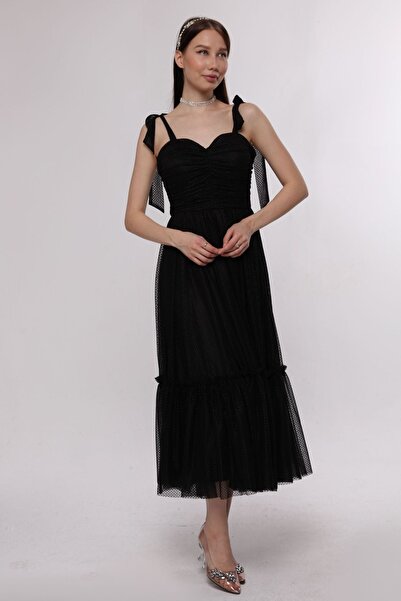 Asees Kadın Abiye Ve Mezuniyet Elbise Omuzdan Bağlamalı Noktalı Desenli Tül Abiye Elbise