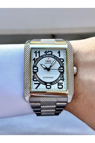 Q&Q Men's Silver Square Patterned Frame Style Analog Watch with Calendar and Day Display