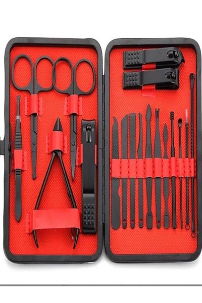 newnet 18-Piece Black-Red Professional Stainless Steel Portable Bag and Travel Size Manicure Set