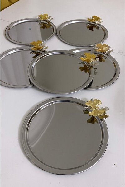 Elzem Paslanmaz Çelik Yuvarlak Model 6 Lı Sunum Tepsisi Kelebek Aksesuarlı Lüx