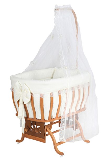 Setay Mdf Beşik, Fiyonklu Sallanan Beşik Uyku Seti Cibinlik - Açık Ceviz
