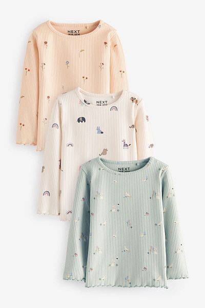 Next Baby Pastel Animal 3-Piece Cotton Long Sleeve Set - Ribbed Bottom Set
