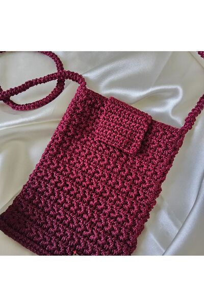 Pamuklu Polyester İpten Yıldız Motifli Bordo Renkli Kadın Telefon Çantası