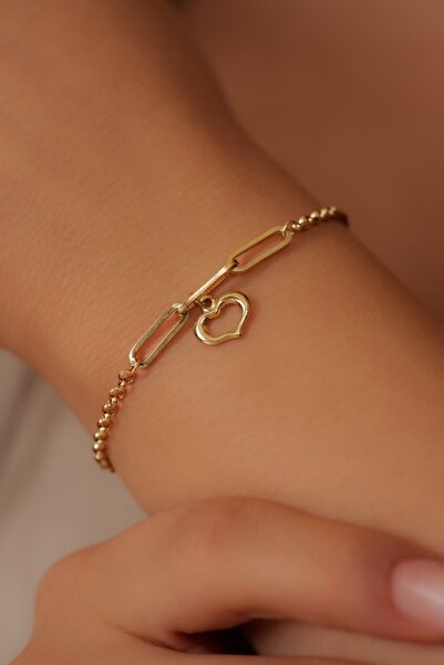 GençTaş Kuyumculuk 14 Ayar Altın Sallantılı Kalp Detaylı Ataş Dochlu Zincir Kadın Bileklik