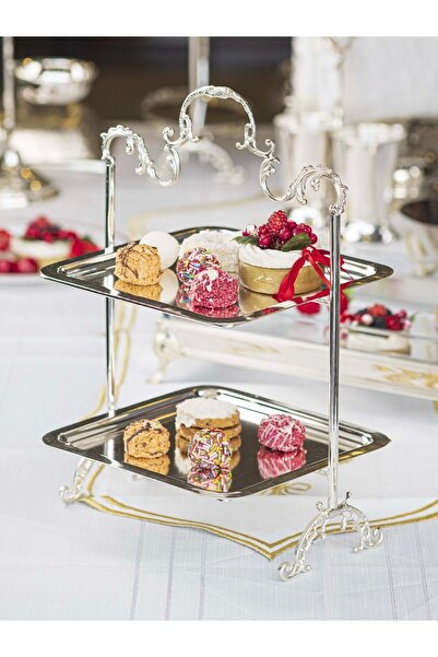 Bakır Concept Silver Plated Two-Tiered Tray Serving Dish Square Shape