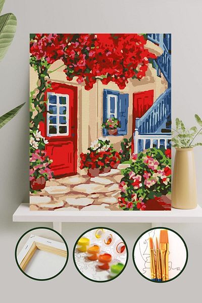 Palmiye Hobi Sanat Kırtasiye مجموعة لوحات قماشية للرسم بالأرقام تتضمن فرشاة طلاء (شرائح) مقاس 40 × 50 سم - باب أحمر