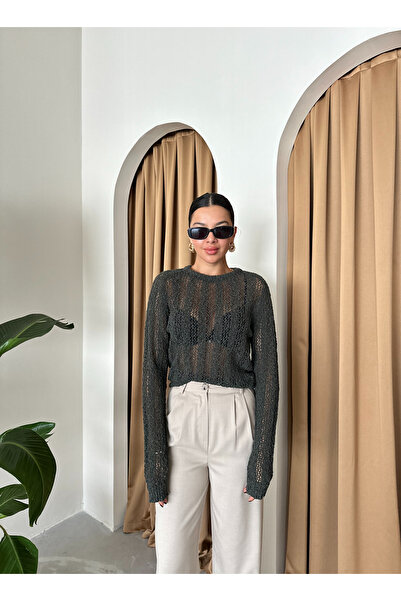 Laluvia Khaki Knitwear Blouse - Spider Web Design