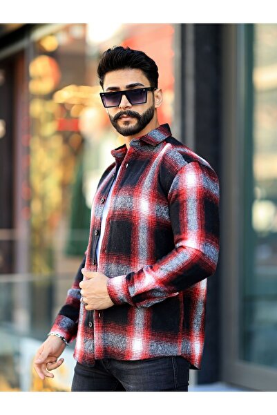 mavisima erkek giyimi Риза на дървосекач, черна, червена раирана яка с копчета