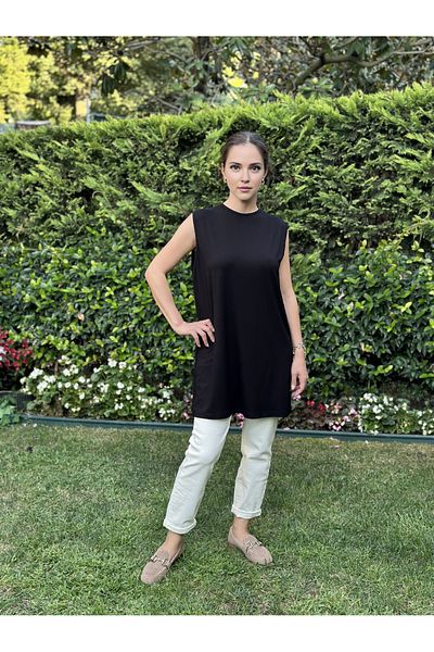 two in sis Crew Neck Black Tunic Sleeveless Long Tunic Cotton Viscose Tunic Underwear Tunic Blouse