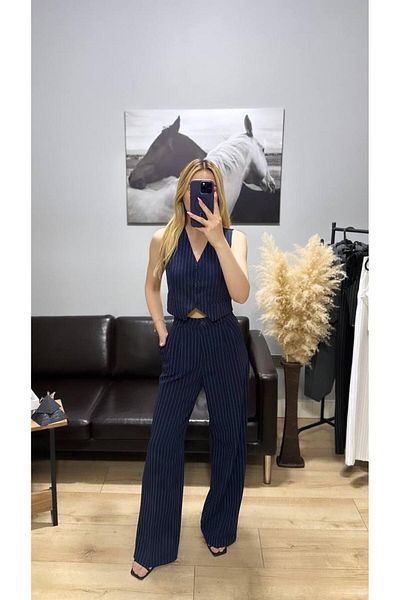 Hazel Navy Blue Striped Women's Vest and Trousers Set