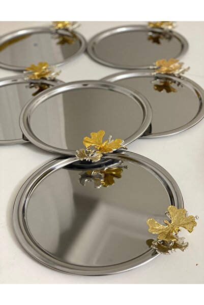 Elzem Paslanmaz Çelik Yuvarlak Model 6 Lı Sunum Tepsisi Kelebek Aksesuarlı Lüx