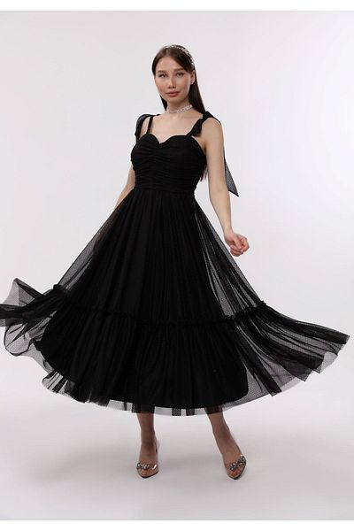 Asees Dotted Patterned Tulle Women's Evening Dress and Graduation Dress - Off the Shoulder