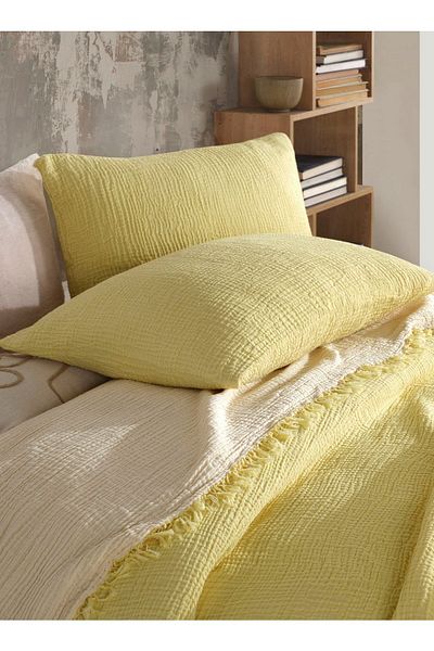 destinyhometex Culoare Galben 4 Straturi Multi Muslină 100% Bumbac Dublu 230x250 Cm King Size