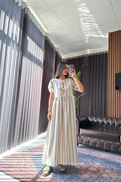 Lady Pixie Γυναικείο λινό φόρεμα με ρίγες και λεπτομέρεια στο στήθος με κορδόνια