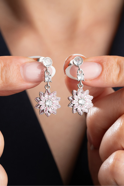 Silvano Jewelry 925 Ayar Gümüş Pembe Tektaşlı Lotus Küpe