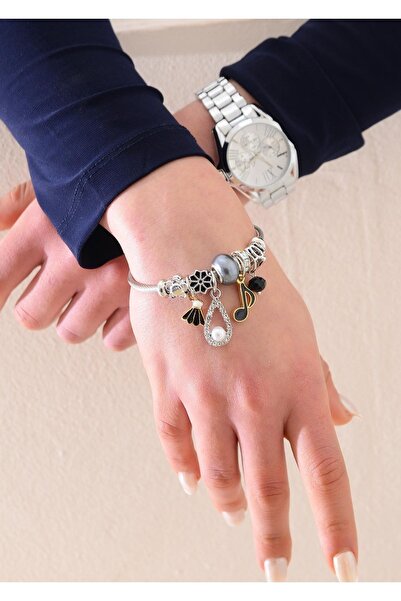 Duke Nickle Women's Black Pearl Left Key Charm and Beaded Steel Bracelet - Multi Shape, Elegant Design