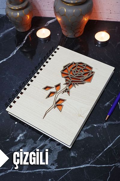 markcat Rose Themed Lined Notebook with Wooden Cover - Agenda and School Notebook (A5 - 120 Pages)